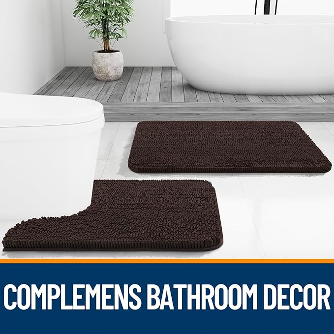 OLANLY Toilet Rugs U-Shaped 24x24, Soft Absorbent Chenille Contour Rugs | Brown, Quick-Drying Rubber Backing, Machine Washable Non-Slip Shaggy Bathroom Mat for Toilet, Home Decor Accessories