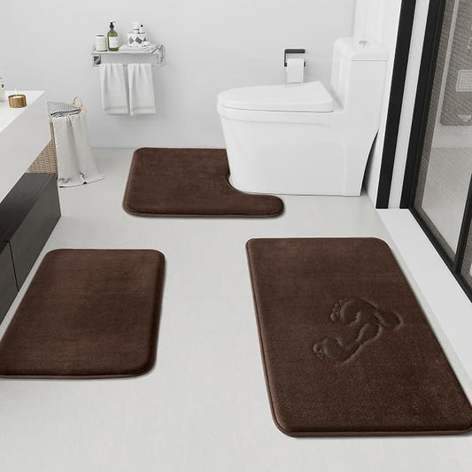 Bathroom Rugs Sets 3 Piece, Non-Slip & Quick Dry Bath Mat Set, Ultra Soft Velvet Bath Rugs for Bathroom, Toilet and Shower Floor, Brown