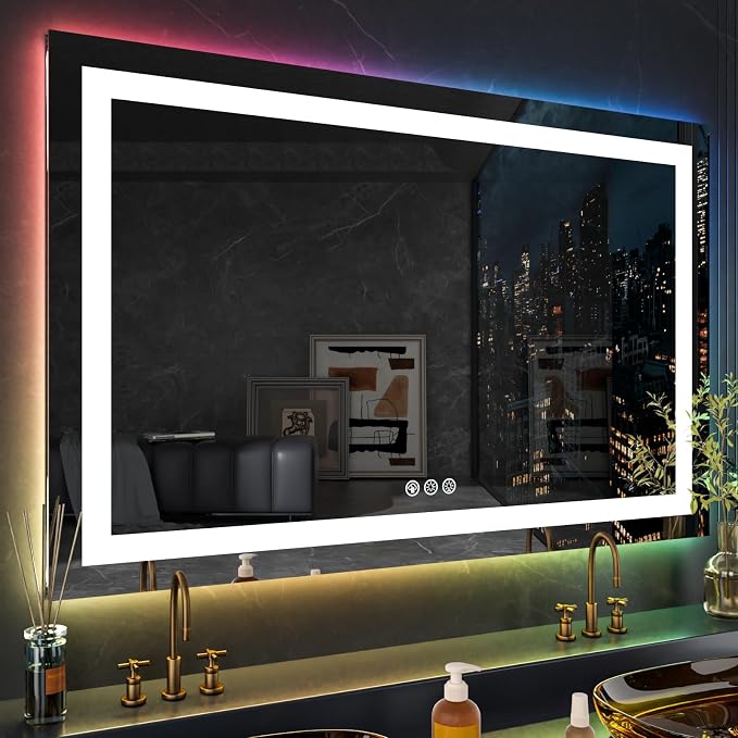 LOAAO 60"X28" RGB LED Bathroom Mirror with Lights, UL Listed | Anti-Fog, Dimmable, RGB Backlit + Front Lighted, Memory Function, Tempered Glass