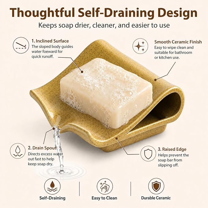 Zoeeker Ceramic Soap Dish for Shower, Bar Soap Holder with Drain Spout | Self Draining Soap Saver for Bathroom Kitchen Sink Bathtub, Sponge Holder, Waterfall Drying Tray Extends Soap Life, Yellow