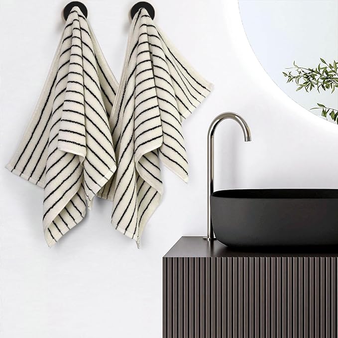 Black and White Striped Hand Towels for Bathroom, Vintage Kitchen Decor | Guest Use, Adults & Kids, Natural Cotton, 14” x 29”