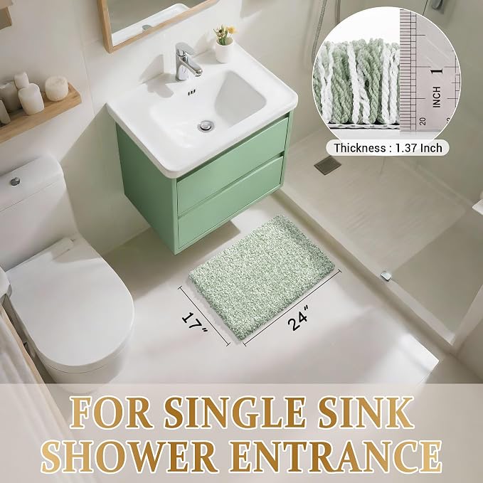 Yimobra Bathroom Rugs for Home Essentials, Non Slip Washable Bath Mat, Soft Water Absorbent Plush Shower Rug for Bathroom Floor, Bath Decor Accessories, 24X17, Light Green White