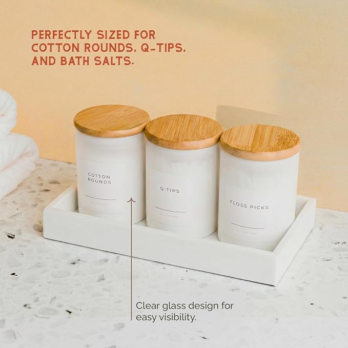 Mini Glass Apothecary Jars with Bamboo Lids, Small Bathroom and Kitchen Storage Containers, For Cotton Balls, Pads and Swabs, 10 oz, Set of 3, White