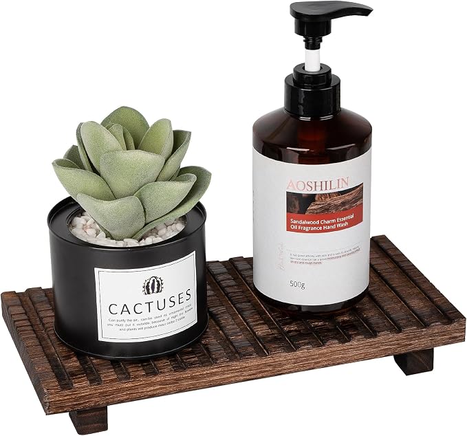 Bathroom Tray Rustic Farmhouse Bathroom Decor Wood Display Stand Riser Kitchen Soap Dish Holder for Vanity, Countertop, Sink, 11 * 5.5 Dark Brown