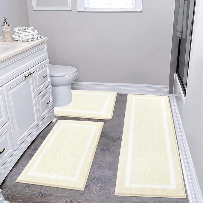 Pauwer Bathroom Rugs 3 Piece Set, Non Slip Washable Bath Mat, Ivory | Soft Plush Microfiber, Super Absorbent Floor Carpet, U Shaped Toilet Mats, Quick Dry, Shaggy Shower Rugs Runners