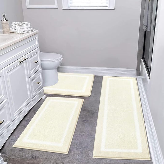 Pauwer Bathroom Rugs 3 Piece Set, Non Slip Washable Bath Mat, Ivory | Soft Plush Microfiber, Super Absorbent Floor Carpet, U Shaped Toilet Mats, Quick Dry, Shaggy Shower Rugs Runners