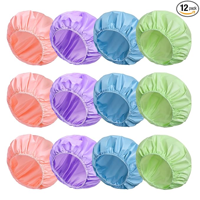 12 PCS Shower Cap, Bath Cap for Women Reusable Waterproof | Double Side Water-resistant PEVA , Bath Accessories, Spa, Travel, Environmental Protection - (Purple+Pink+Blue+Green)
