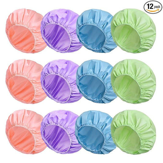 12 PCS Shower Cap, Bath Cap for Women Reusable Waterproof | Double Side Water-resistant PEVA , Bath Accessories, Spa, Travel, Environmental Protection - (Purple+Pink+Blue+Green)