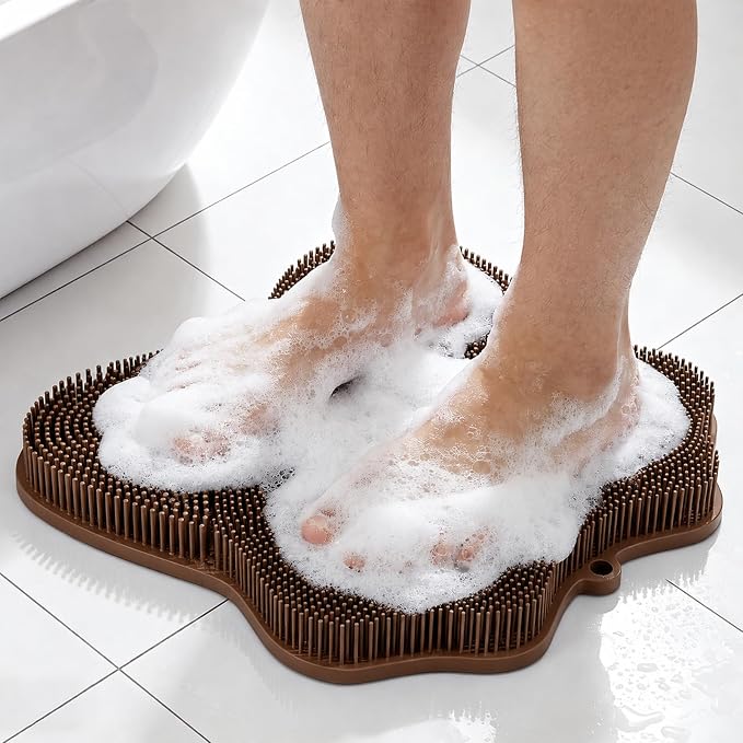 OZNER Silicone Shower Foot Scrubber Mat,Back Washer Bath Wash Pad Exfoliating & Massage, Wall Mounted Slip Strong Suction Cups for Use in Cleaner Men and Women (Brown)