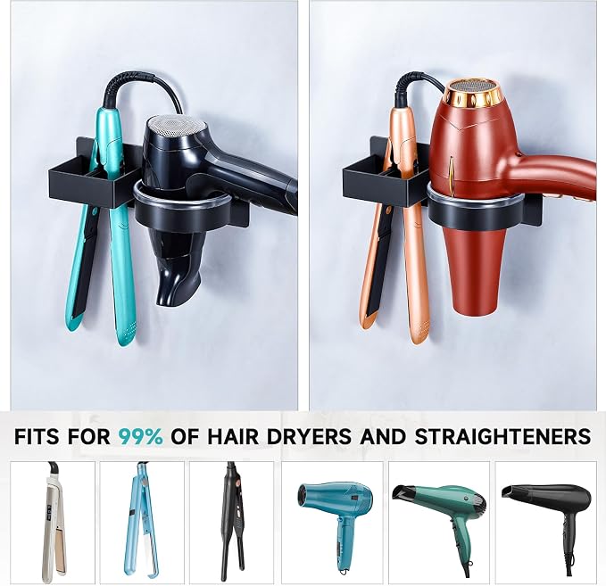 Hair Dryer Holder Wall Mounted, Hair Straightener Holder, Blow Dryer Holder Adhesive, Hair Tool Organizer for Flat Iron, Hairdryer, Curling Iron Holder for Bathroom Vanity Barber Shop (Black)
