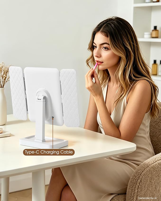 BWLLNI Trifold Vanity Mirror with Lights, Diamond Lattice Makeup Mirror | 2X/3X Magnification, 3 Colors Dimmable, 270° Rotation, Height Adjustable Stand with Storage Base