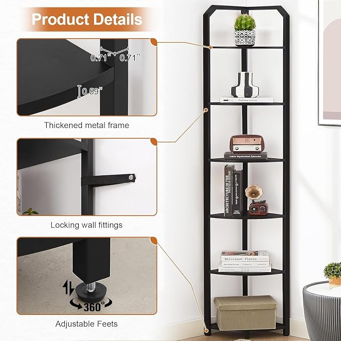 MNEETRUNG 71" Corner Shelf,6 Tier Industrial Corner Bookshelf, Freestanding Shelf Stand for Small Space,Home Office,Living Room,Bedroom,Black