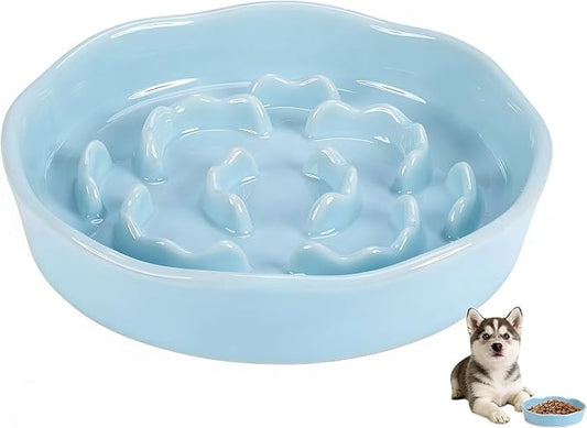 Pet Feeding Bowls, Ceramic Slow Feeder Dog Bowl - Heavy Weighted Blue Bloom Food Dish for Small to Medium Dogs - Non-Slip, Microwave & Dishwasher Safe Pottery Maze to Fast Eating