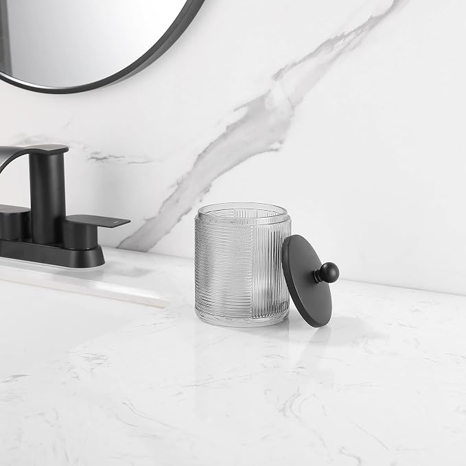 Gray Colored Tranlucent Apothecary Ribbed Geo Etched Glass Jar W/Matte Black Metal Lid Cover for Bathroom Organization, Cotton Balls, Q Tips, and Small Accessories, Bathroom Storage