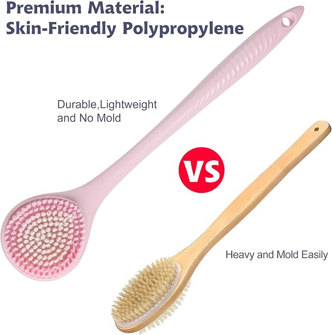 BEDELITE Back Scrubber for Shower, Long Handle 16.4 Inches, Pink, 1 Pack | Soft Back Brush for Shower, Exfoliating Scrubber, Non-Slip Curved Long Handle Bath Brush, Wet or Dry Use for Back Cleaning