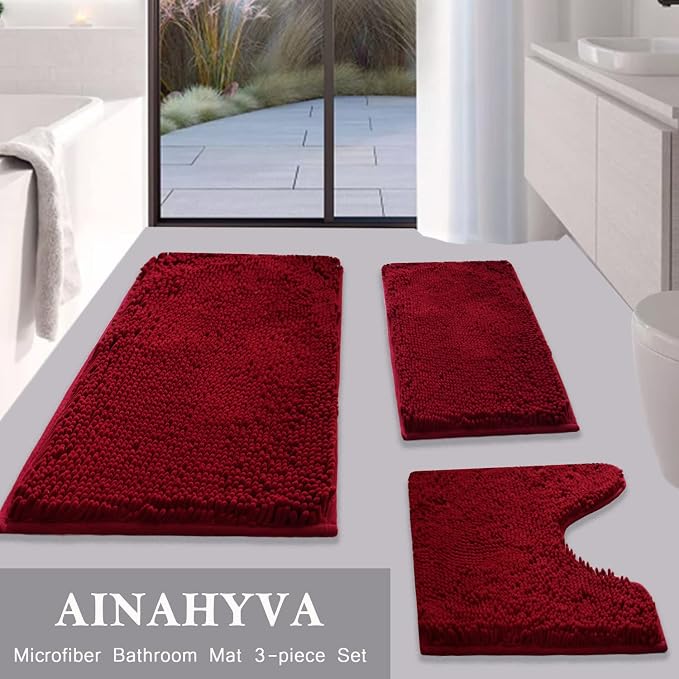 Bathroom Rugs Chenille Bath mat 3-Piece Set, Super Absorbent, Strong PVC Non-Slip, Bath Carpet, Plush Shaggy, Thick, Machine Washable, for Tub, Shower, Toilet, Burgundy