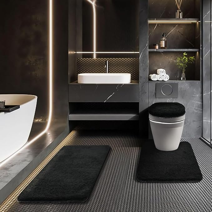 Bathroom Rugs Sets 3 Piece with Toilet Seat Cover 17.5"x 15" | Machine Washable Bath Rug Set with Tpr Non Slip Rubber Backing Solid Bath Mat Set for Luxury Bathroom Decoration