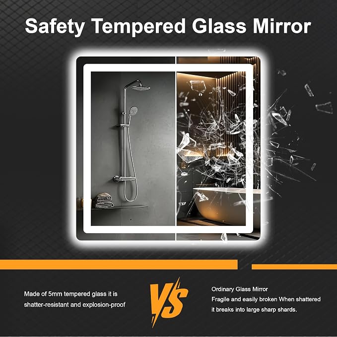LED Bathroom Mirror with Lights, 30 x 30 Lighted Vanity Wall Mirror | Backlit and Frontlit, Anti-Fog, Dimmable 3 Colors, Shatter-Proof Tempered Glass, Memory Function, Plug-in/Hardwired