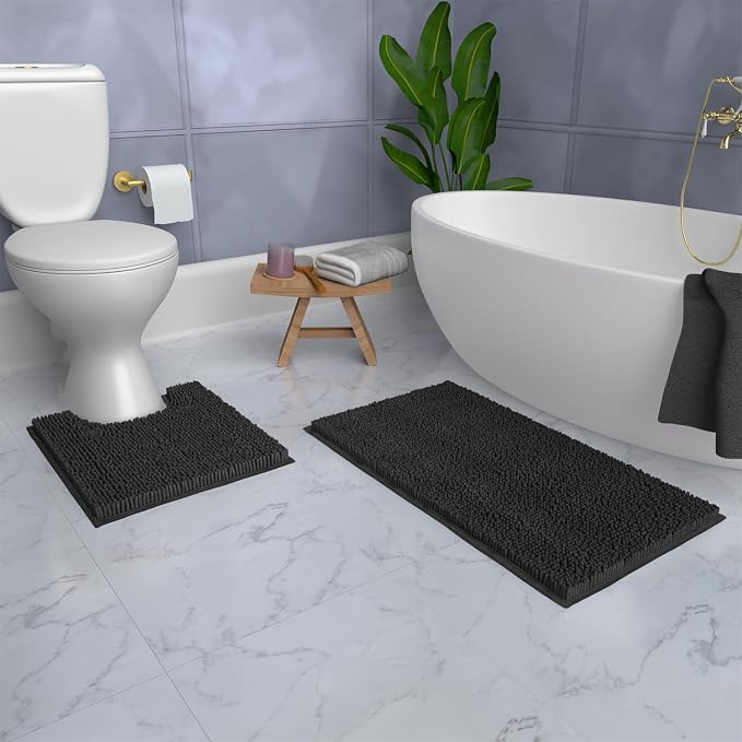 LuxUrux Bathroom Rugs Sets 2 Piece: Quick Dry, Soft Plush Anti-Slip, Super Absorbent. Includes Rectangular (31x20 inches) & U-Shaped Toilet Mat (20x20 inches) | Black