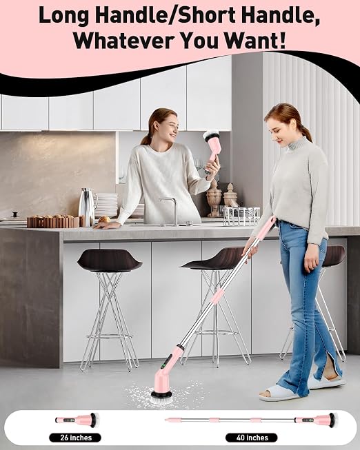 Electric Spin Scrubber for Bathroom, Shower Scrubber with Long Handle | Shower Cleaner Brushes, IPX7 Waterproof & 2 Speed, 3 Brush Heads, 90min Runtime, Bathroom Cleaning Supplies for Toilet Tub