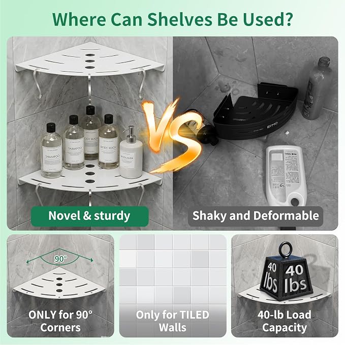 2 Pack Corner Shower Shelves, 304 Stainless Steel Corner Shelf Bathroom with 6 Hooks 40 lbs Heavy Duty, Durable for Inside Shower Brushed Nickel Drilling Installation（White