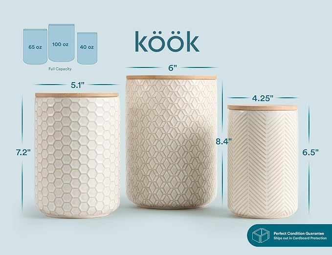 Kook Ceramic Storage Containers, Embossed Pantry & Bathroom Canisters with Airtight Bamboo Lids, Dishwasher Safe Stoneware Jars (40, 65, 100 oz), Set of 3, Narbonne Collection (Ivory)
