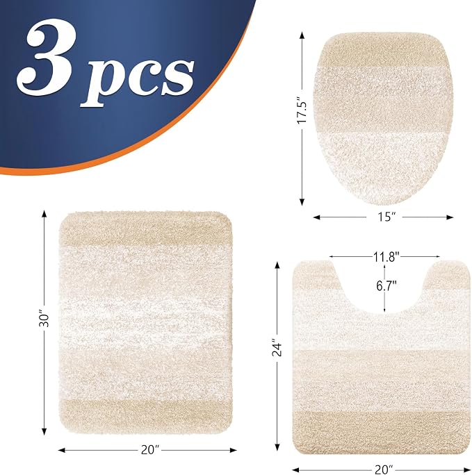 OLANLY Bathroom Rugs Sets 3 piece, Soft Microfiber Absorbent Bath Mat, U-Shaped Contour Toilet Mat and Toilet Lid Cover, Quick Dry, Machine Washable, Toilet Cover and Rug Set for Bathroom, Light Beige