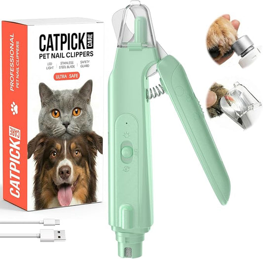 2-in-1 Dog & Cat Nail Clipper with Grinder, LED Light Rechargeable Grooming | Catpick care Type-c Cordless Nail Cutter, Safety Lock & Catcher, Stainless Blade Trimmer for Small Medium Large Pets, Green