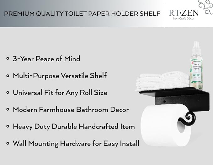 RTZEN Bathroom Toilet Paper Holder with Shelf - Handcrafted Rustic Wrought Iron Wall Decor Toilet Roll Holder - Black Matte Wall Mount Bar for Modern Farmhouse Bathroom Decor