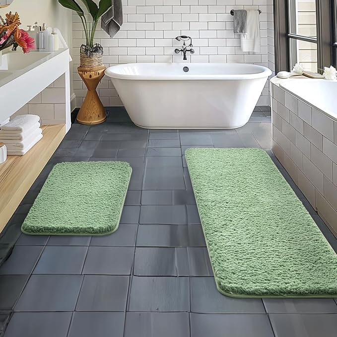 MIULEE Sage Green Bathroom Rugs Set 2 Piece Soft Bath Mats 16x24+16x48 Inch | Soft Absorbent Microfiber Bath Rugs, Non Slip, Quick Dry, Fluffy Bath Rugs for Bathroom Floor Tub Showers, Machine Washable