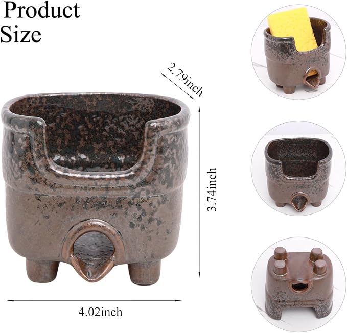 Ceramic Sponge Holder with Drainage, Vintage Sink Caddy | Self-Draining Organizer for Sponge, Soap & Brush, Handmade Kitchen Countertop Decor (Rust Reactive Glaze)