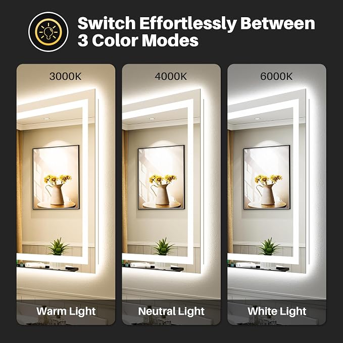 Briivue 48x32 Inch LED Bathroom Mirror with Lights, Backlit & Front Lit | Anti-fog, 3 Color Dimmable, Memory Function, HD Reflection Tempered Glass, ETL Listed, IP54 Waterproof