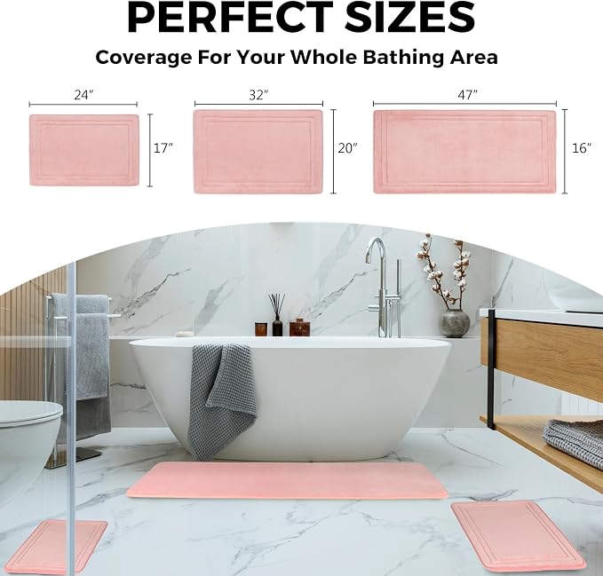 Pink Bathroom Rugs Memory Foam Small Thin Bath Mat Non Slip Washable | Shower Rug Soft Absorbent Plush Microfiber Bathroom Floor Tub Bathmat,17" x 24"