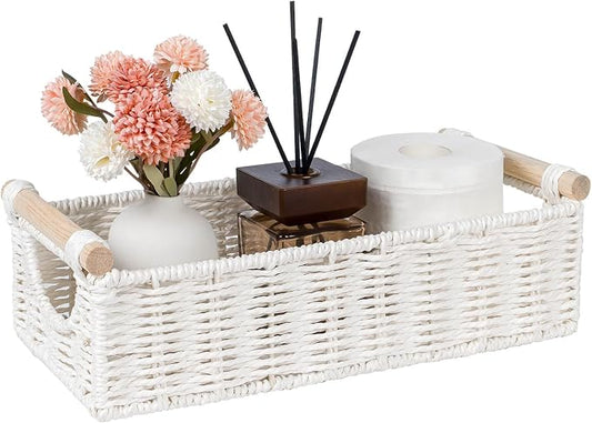 CubesLand Wicker Toilet Storage Basket Tray Organizer W/Cut Out Handle, Slim Decorative Basket for Countertop, Shelves And for Versatile Home Decor, Living Room, Nursery Organization, Cream