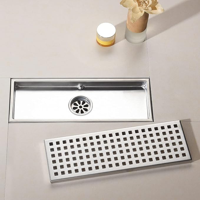 12 Inch Rectangular Shower Floor Drain, Detachable to Insert The Mesh Grille Cover, SUS304 Stainless Steel, Brushed Nickel