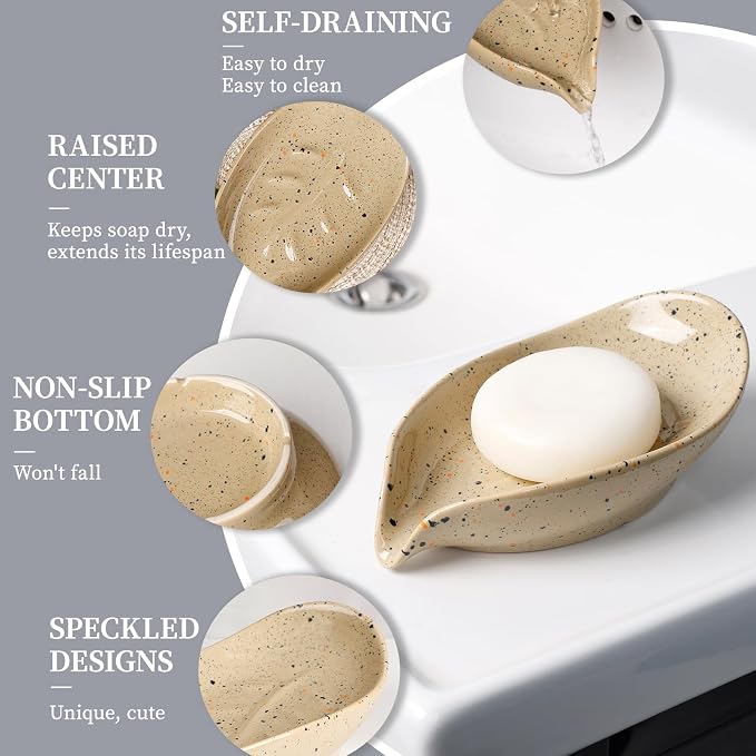 Soap Dish, Self Draining Soap Dishes 2PCS, Leaf Shape Ceramic Bar Soap Holder Drain Soap Dishes for Bathroom Sink Shower Kitchen, Easy to Clean Keeps Soap Dry, ANTIS'S HOME