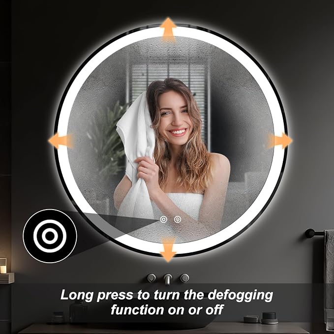 DUMOS 36 Inch Round LED Bathroom Mirror with Lights, Circle Vanity Mirror | Anti-Fog, Dimmable, 3-Color Light, Front Light and Backlit, Memory Function, Tempered Glass