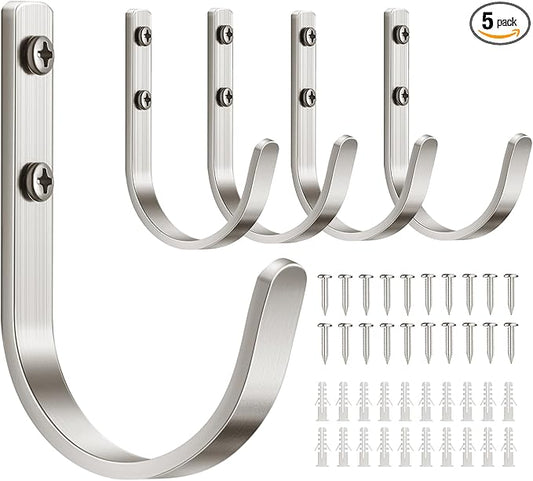 Aluminum Wall Hooks for Hanging Towel/Coat - 22LB Screw in Metal Hanger Wall Mount, for Outdoor, Closet, Door, Bathrooms, for Backpack, Robe, Silver 5 Pack