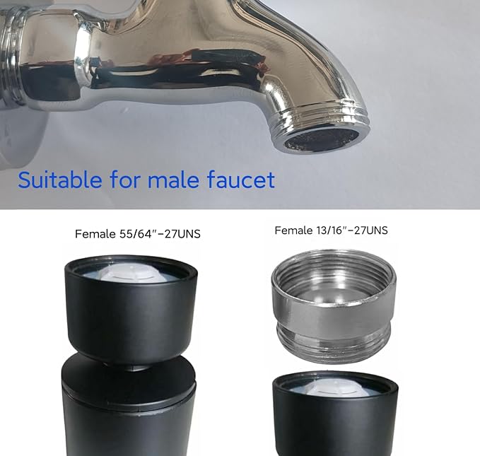Black kitchen bathroom faucet nozzle aerator,faucet extender, 360 degree swivel dual flow sprayer for sink tap head, rotatable 2 function water splash filter (black 20° +3 adapters)