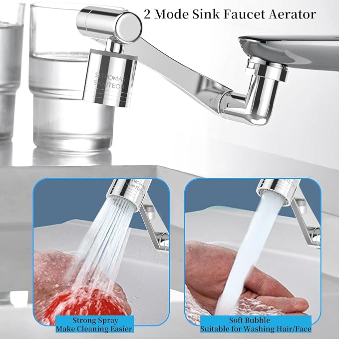 London Sunshine 1080° Swivel Faucet Extender, 360° Swivel Robotic Arm Faucet Aerator, 2 Sprayer Mode Kitchen Faucet Attachment Tap Head Replacement For Bathroom/Kitchen/Face/Hair