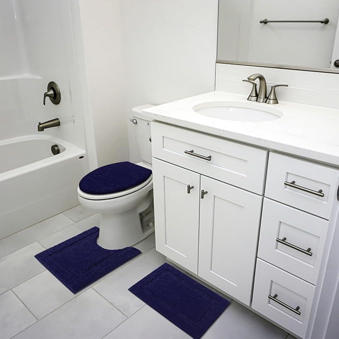 SHACOS Microfiber Bathroom Rugs Set of 3 with Toilet Lid Cover | Non Slip Washable Bath Mat Absorbent Bathroom Carpet 16"x24"+U Shape Toilet Rug 20"x24"+Toilet Lid Cover 19"x21", Navy Blue