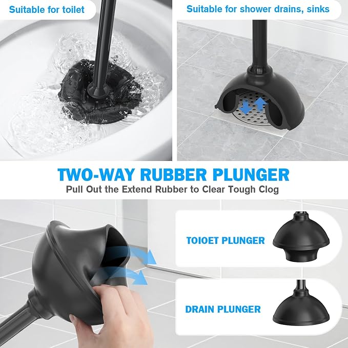 Toilet Plunger and Brush Set, Bowl Brush and Heavy Duty Toilet Plunger with Ventilated Holder, 2-in-1 Toilet Brush and Plunger Combo for Bathroom Deeply Cleaning（Black）