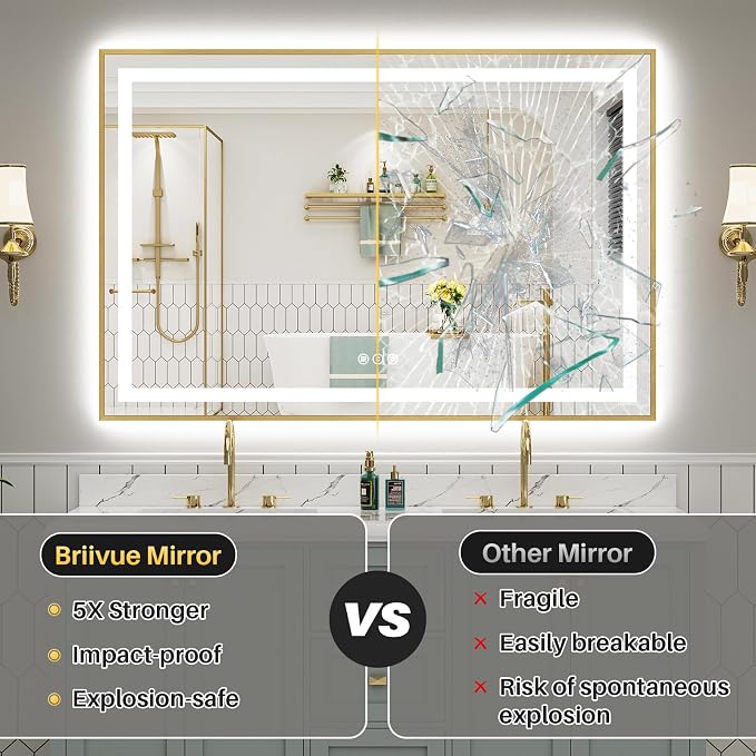 40x32 Inch LED Bathroom Mirror with Gold Frame, Backlit & Front Lit | Anti-fog, 3 Color Dimmable, Memory Function, HD Reflection Tempered Glass, ETL Listed, IP54 Waterproof