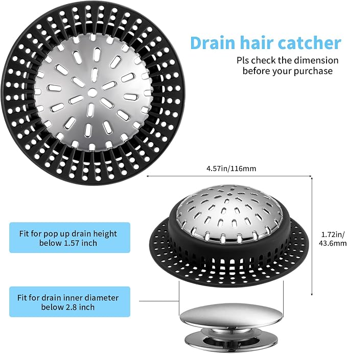 Aluvor Bathtub Drain Hair Catcher Shower Drain Cover Sink Drain Protector | Bathroom Sink & Bathtub Drain Strainer for Pop-Up & Regular Drains, Black