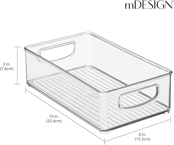 mDesign Plastic Storage Organizer Shallow Container Bin with Handles for Bathroom, Kitchen Cabinet, Pantry, Home Organization - Holds Vitamins, Supplements, Makeup - Ligne Collection - 4 Pack - Clear