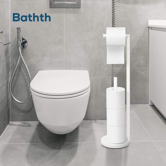 Toilet Paper Holder Stand, White Toilet Paper Holder Free Standing | Toilet Paper Holder for 4 Rolls, Bathroom Organizers and Storage with Anti-Slip Base and Rustproof