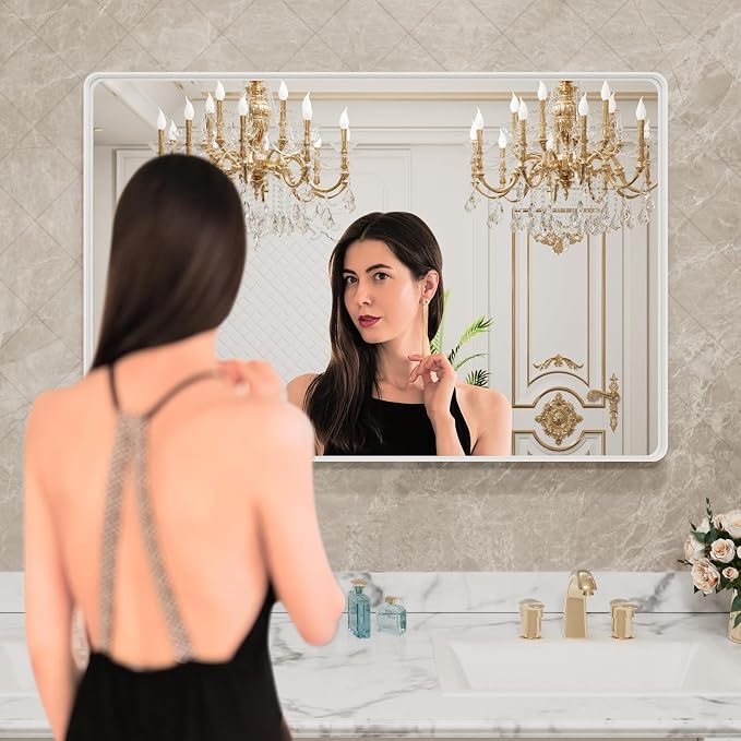LOAAO 48x32 Inch White Metal Framed Bathroom Mirror | Rounded Rectangle Mirror, Anti-Rust, Tempered Glass, Hangs Horizontally or Vertically