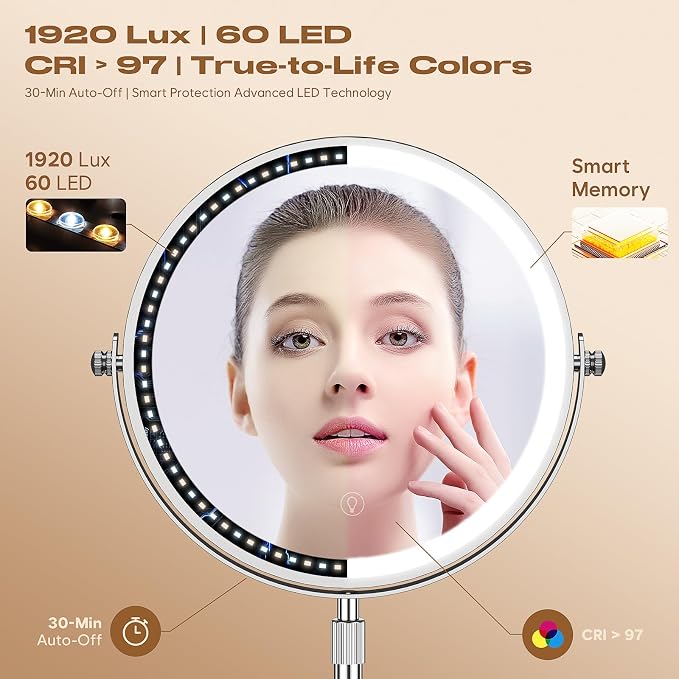 Dienmern Makeup Mirror, 1X/20X Rechargeable Vanity Mirror with Lights | Double-Sided, 5000mAh, 3 Color Dimmable Brightness, Magnification, 360° Rotation, for Dorm, Room Essentials, Women Gift