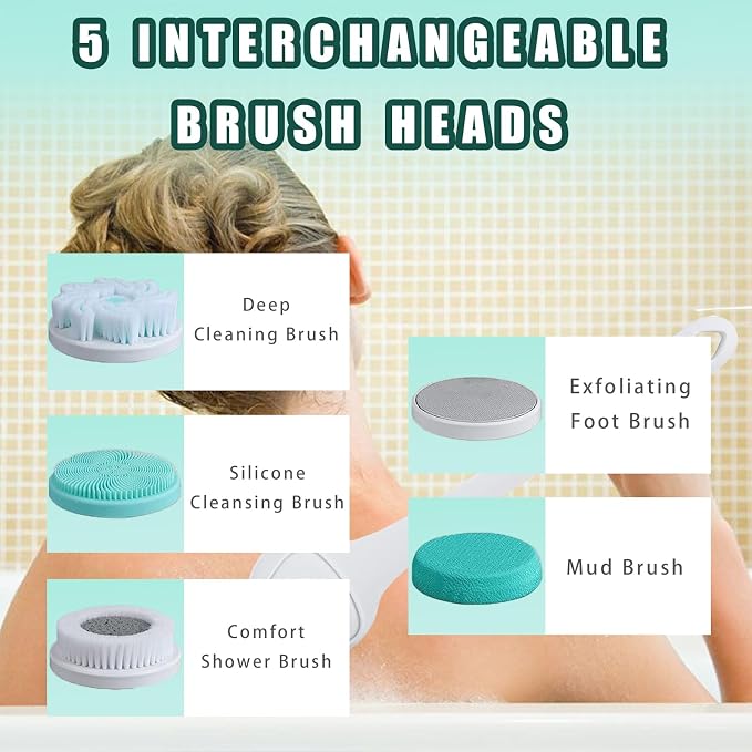 Electric Body Brush for Shower Rechargeable IP67 Waterproof Back Scrubber with 5 Heads 3 Modes Long Handle Spin Brush for Exfoliating Deep Cleaning Back Face Foot