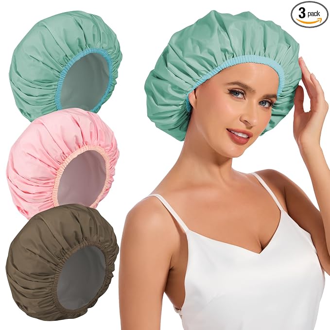 3Pcs Shower Cap for Women Reusable Waterproof, Bath Cap for Long Hair, Comfortable Showers Cap for Thick Curly Hair